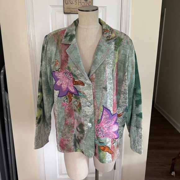 Indigo Moon Embroidered Floral Patchwork Jacket 1X Boho Artistic Statement Piece - Picture 2 of 14